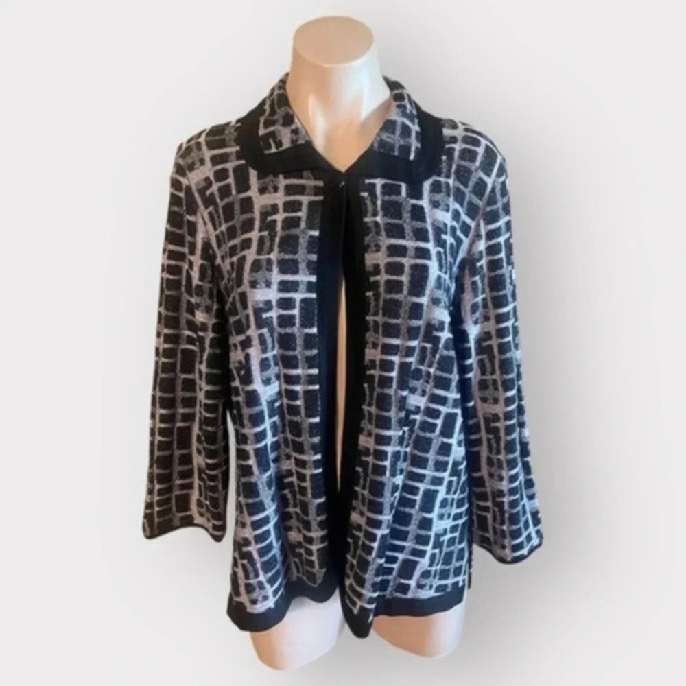 Exclusively Misook Small Vintage Purple Black Geometric One Button Cardigan